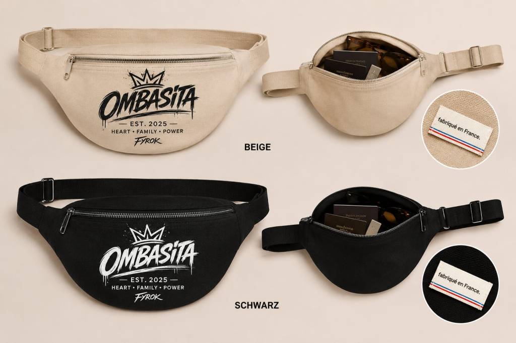 OMBASITA Bauchtasche Classic Collection in Beige und Schwarz – zeitlose Gürteltasche für Alltag, Reisen und Freizeit.
