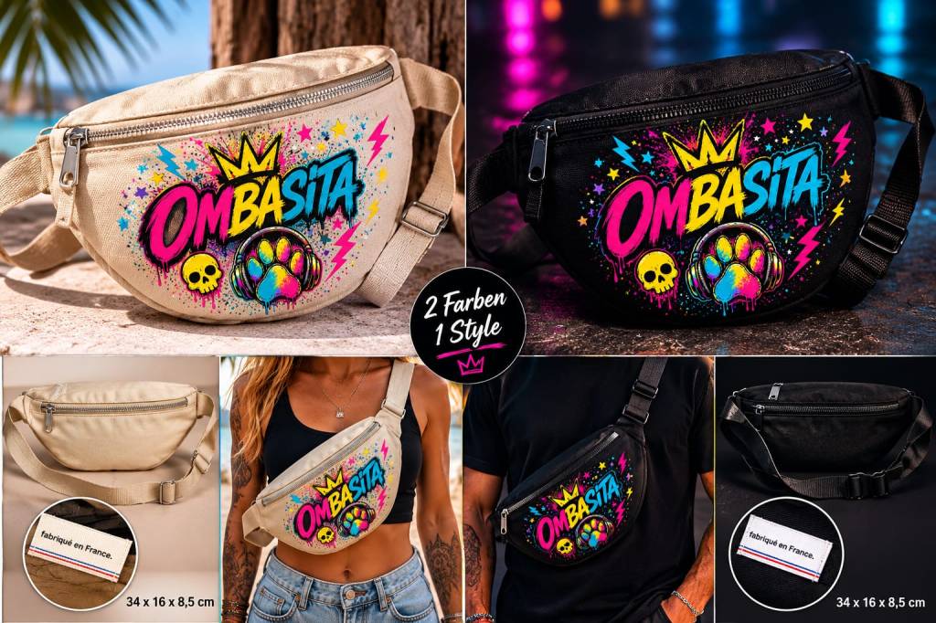 OMBASITA Bauchtasche Fyrok Edition – farbenfrohe Streetwear Tasche mit Fyrok Design in Beige und Schwarz.
