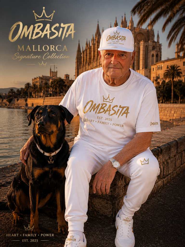 OMBASITA Mallorca Signature Collection Weiß – Mann mit Hund vor der Kathedrale von Palma de Mallorca. Zeitlose Mode für Hundefreunde und alle Generationen.