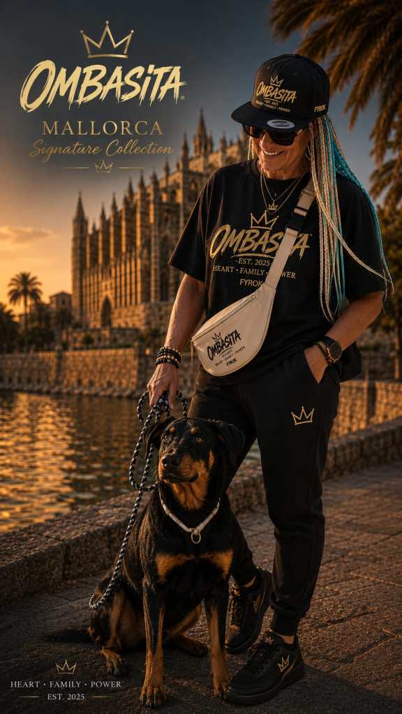 OMBASITA Mallorca Signature Collection in Schwarz – Frau mit schwarzem OMBASITA Outfit, Cap und Bauchtasche mit Hund vor der Kathedrale von Palma auf Mallorca.
