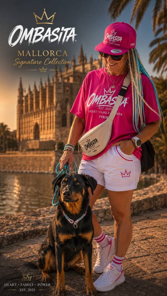 OMBASITA Mallorca Signature Collection in Pink – Frau mit pinkem OMBASITA Outfit, Cap und Bauchtasche mit Hund vor der Kathedrale von Palma auf Mallorca.