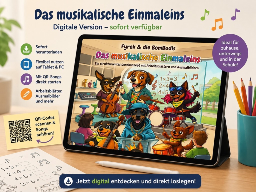 Das musikalische Einmaleins von Fyrok & die BomBudis – Lernbuch für Kinder mit Liedern, Matheübungen, Arbeitsblättern und Ausmalbildern.