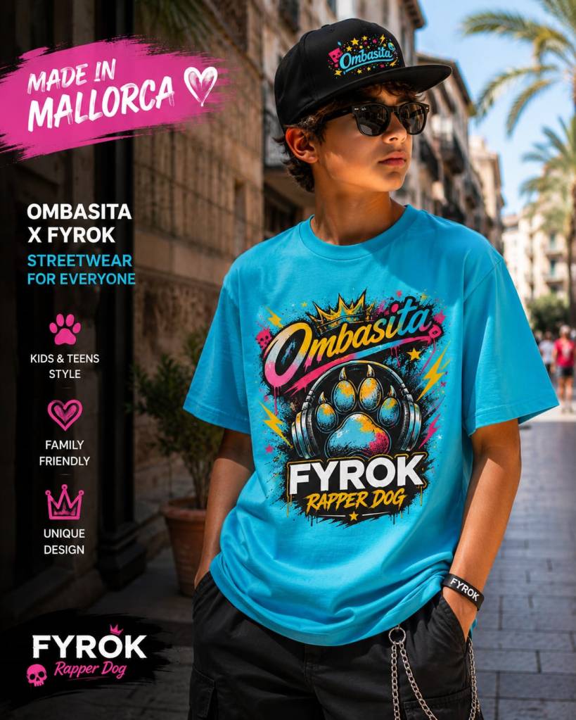 Junge mit Ombasita Fyrok T-Shirt und Cap in Mallorca – kreative Streetwear für Kinder von Fyrok & die BomBudis
